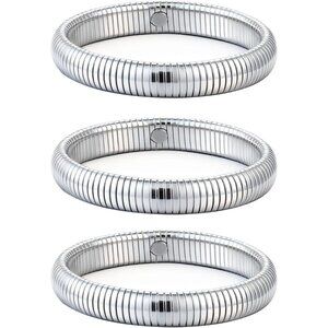 Silver Bangle Set 3 Chunky Stretch 24K 12mm Plated Stainless Steel Wide Stack